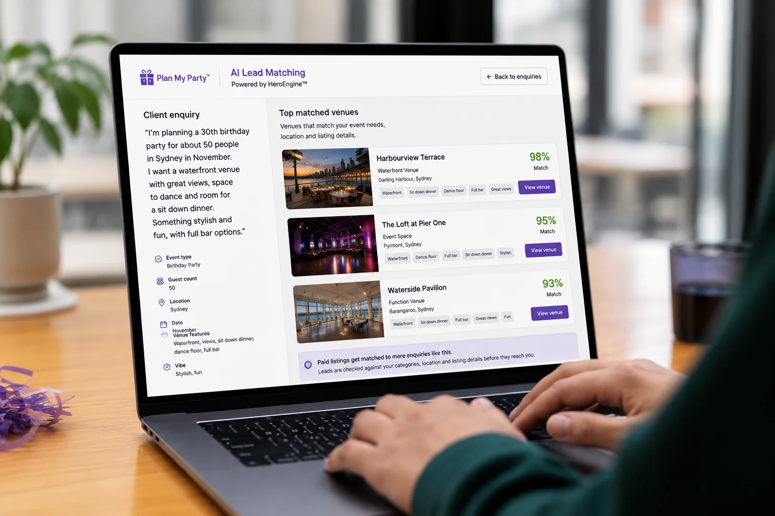 A laptop screen showing Party Hero's AI Lead Matching tool listing top-matched venues for a client enquiry